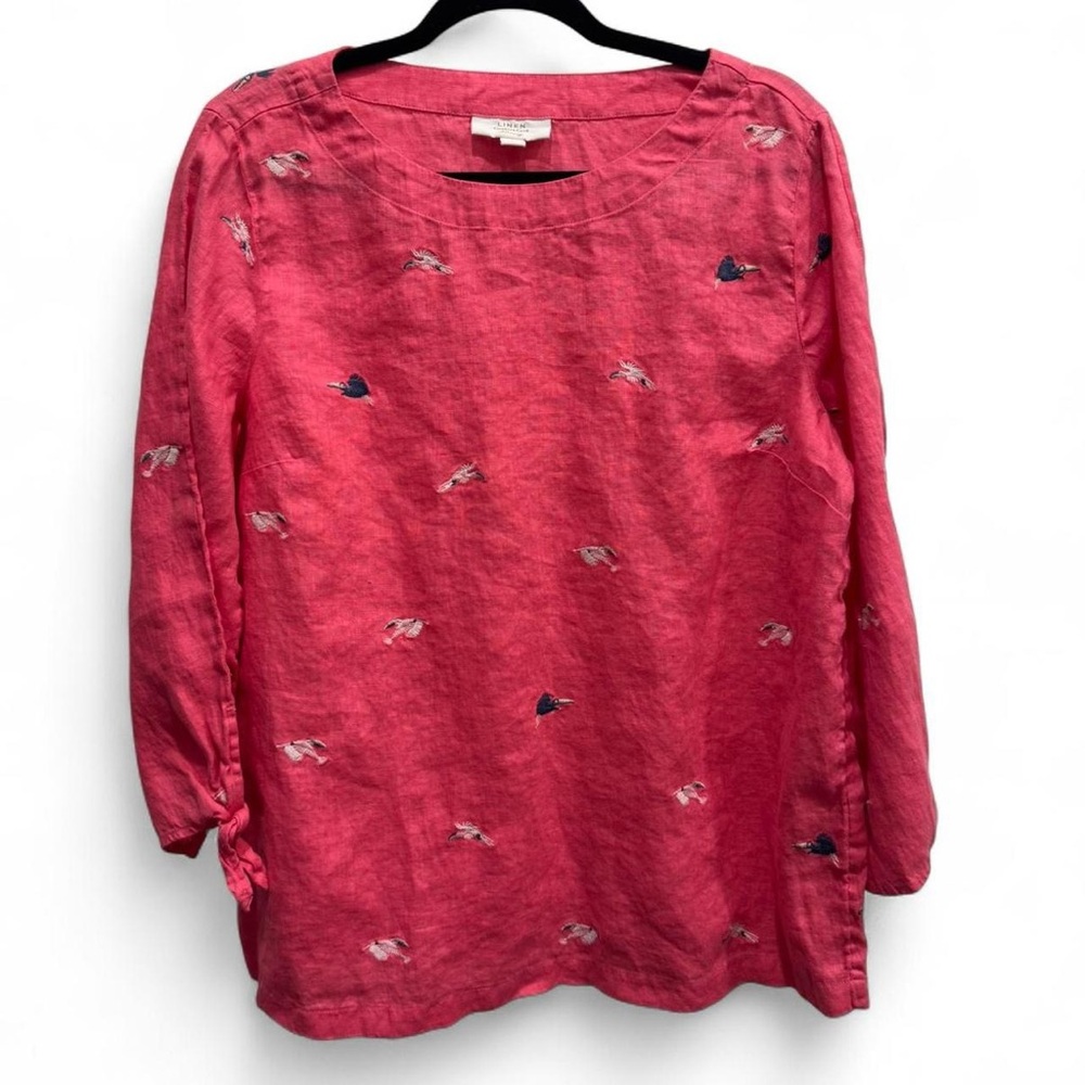 100% Linen Charter Club Women's‎ Blouse with embroidered Birds, Size Large